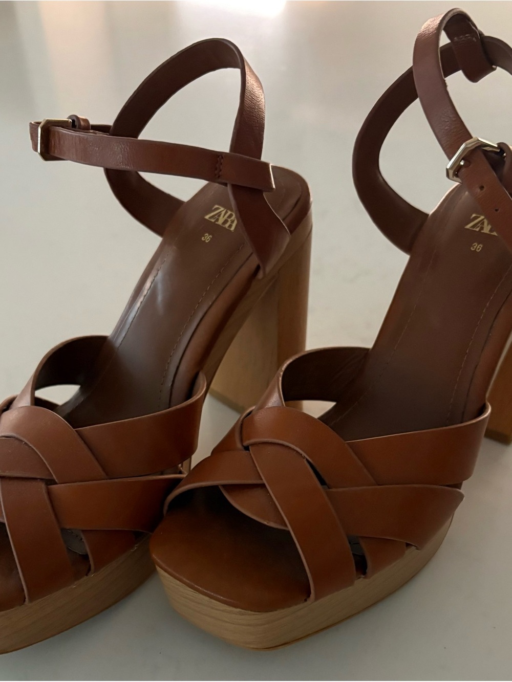 Zara Tan Brown Leather Platform Sandals